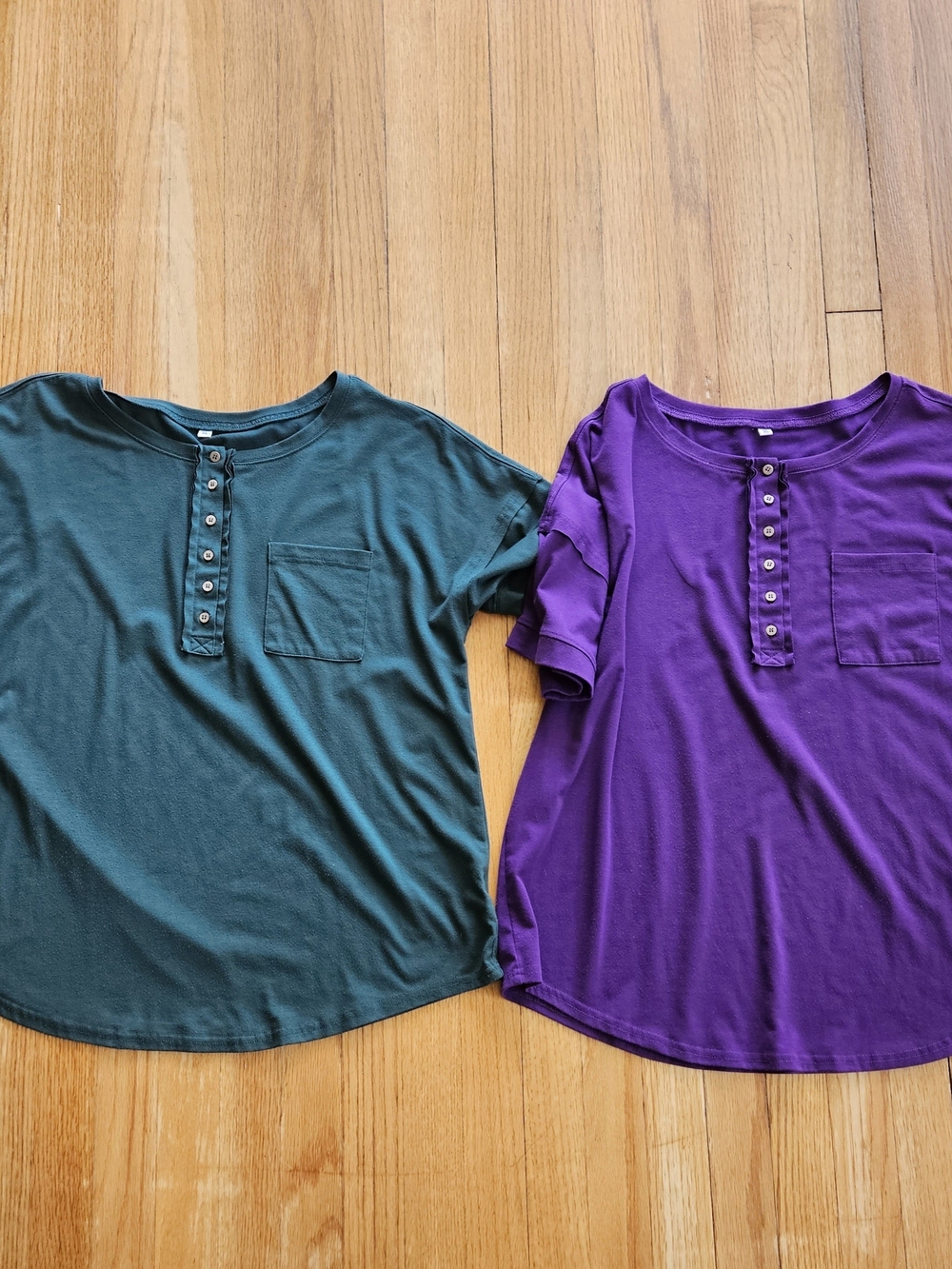 Women's Oversized Short Sleeve Henley Tops - Purple and Green